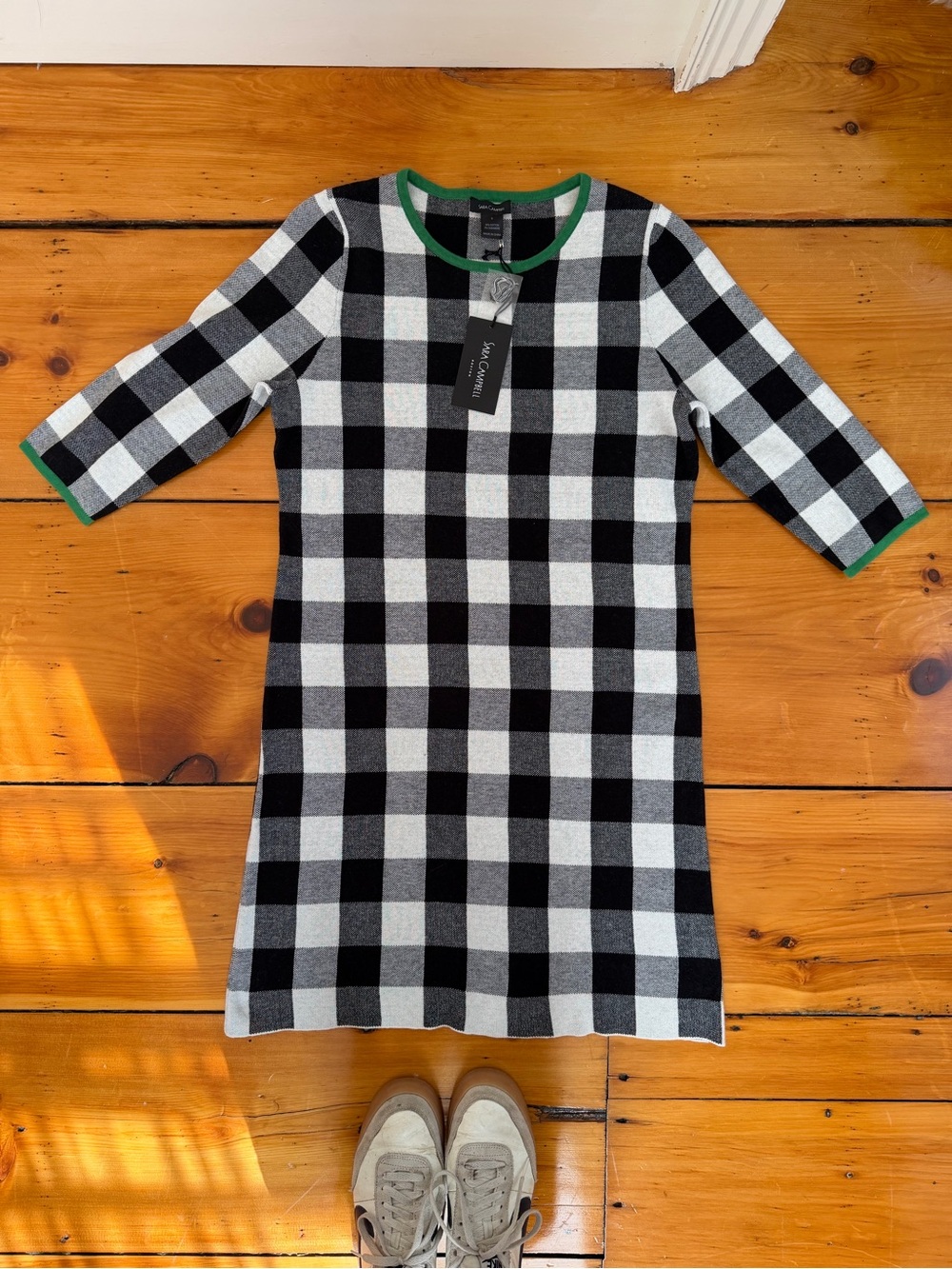 Sara Campbell Black White Buffalo Plaid Knit Dress Green Trim 3/4 Sleeve